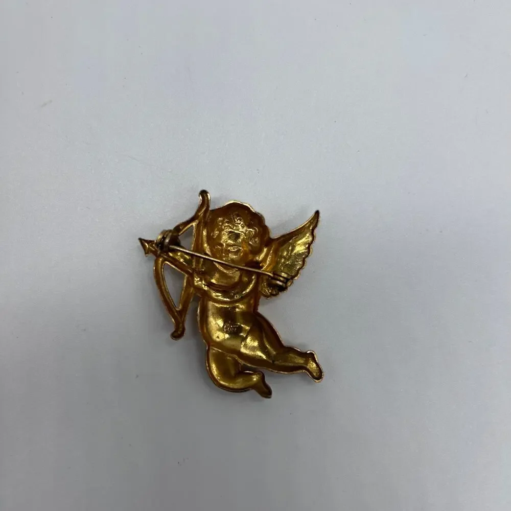 Vintage Cherub Brooch Cupid Bow Arrow Gold Tone Pin Signed Coro Costume Jewelry